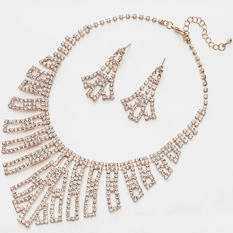

Hot Selling Bride Classic Rhinestone Crystal Choker Necklace Earrings Wedding Jewelry Sets Wedding Accessories