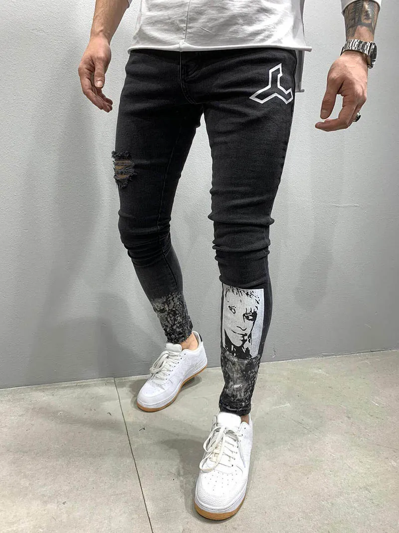 Men Black Ripped Jeans Fashion Stretch Print Slim Distressed Jeans Pantalones Hombre Casual Skinny Destroyed Denim Pencil Pants