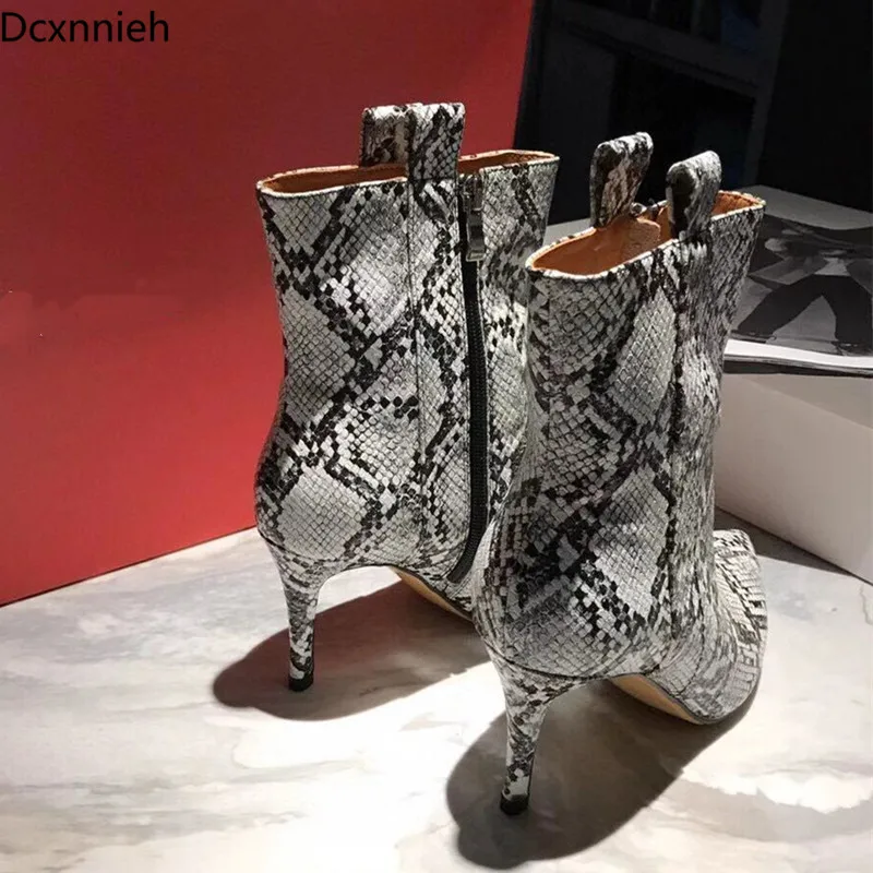 

Pointed Toe Snake Pattern Sexy High Heels Ankle Boots For Women Genuine Leather Runway Autumn Shoes Woman Thin Heels Short Boots