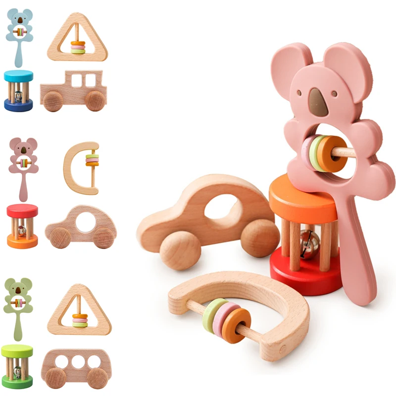 

Montessori Baby Mobile Rattle Toys Set Bpa Free Silicone Rattles Animal Koala Wooden Car Newborn Bed Bell Educational Toys Gift