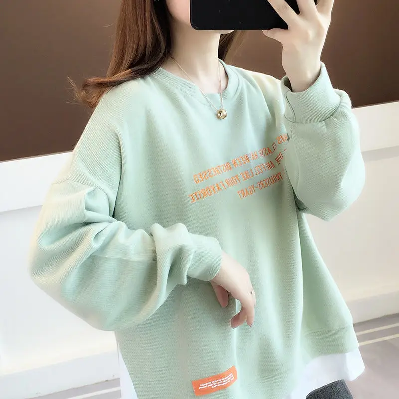 

2021 new cotton spring autumn sweater women's clothing, large loose Korean version fashion fake two foreign style top fashion