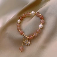 strawberry crystal zircon sun flower freshwater pearl bracelet female fashion temperament pink adjustable bracelet jewelry