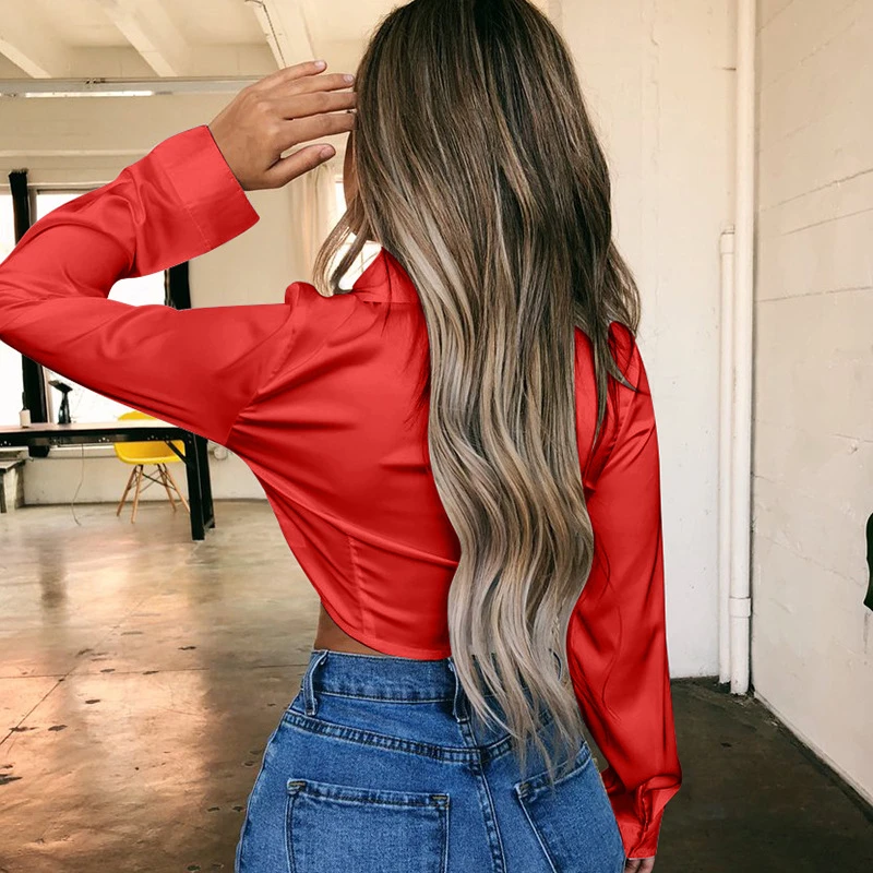 TITAME атласная блузка для женщин на шнуровке с длинными рукавами и отложным