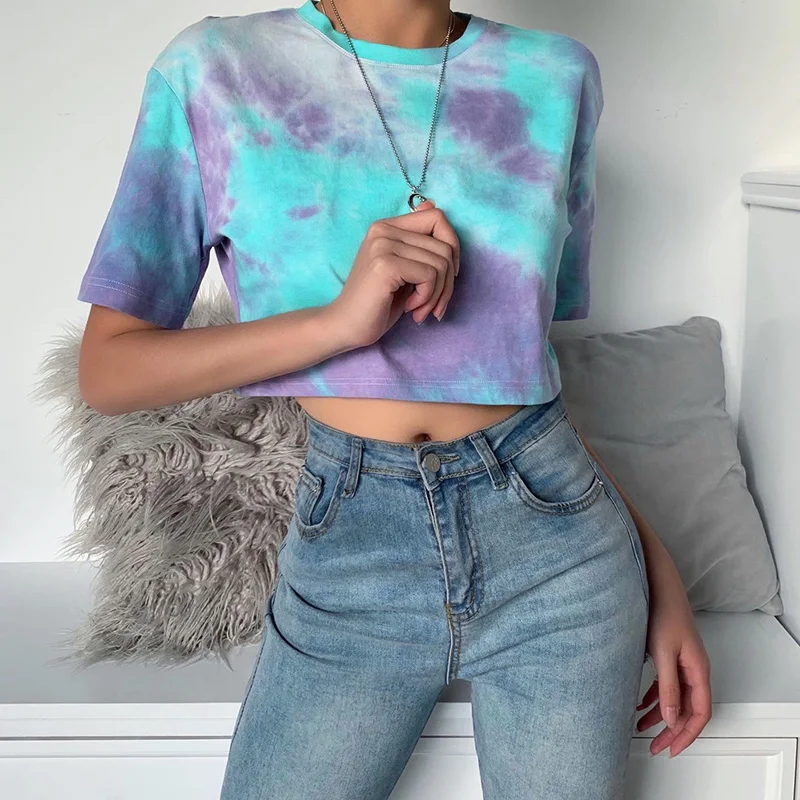 

Women T-shirt Tie-dye Short-sleeved O-neck Top Casual Loose T-shirt Ladies Neon Print Short T-shirt Clothes Summer Fashion Tops