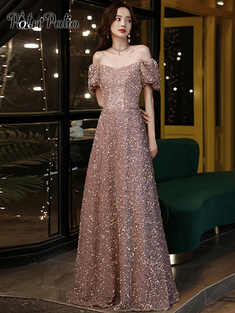 

Elegant Off The Shoulder Evening Dresses For Wedding Party A-line Floor-length Sequined Long Women Formal Gowns Plus Size