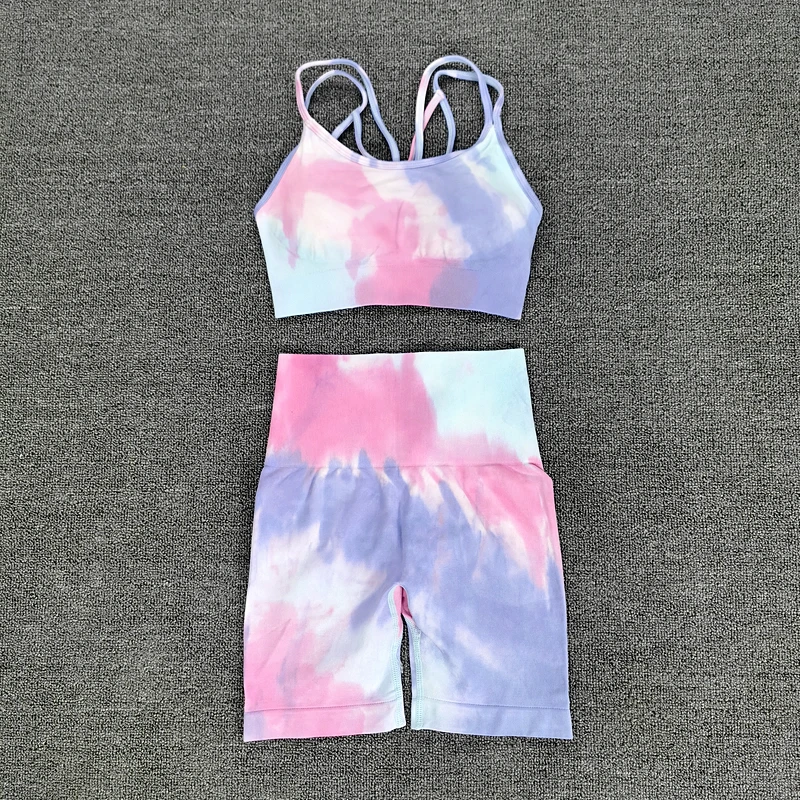 

Tie Dye Seamless Yoga Set Women Female Two 2pcs Piece Crop Top Bra Shorts Sportwear Workout Outfit Fitness Gym Suit Clothing