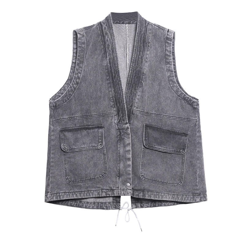 

XITAO Casual Denim Vest Women Tide Fashion New Style V Neck Collar Sleeveless Personality Match All Pocket Elegant Coat ZY4537