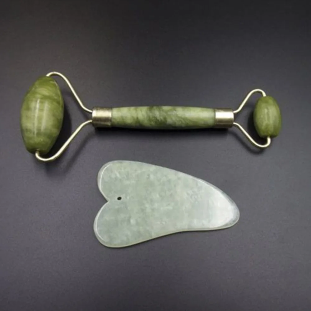 Rosalind 2 in 1 Green Roller and Gua Sha Tools Set by Natural Jade Scraper Massager with Stones for Face Neck Back Jawline |