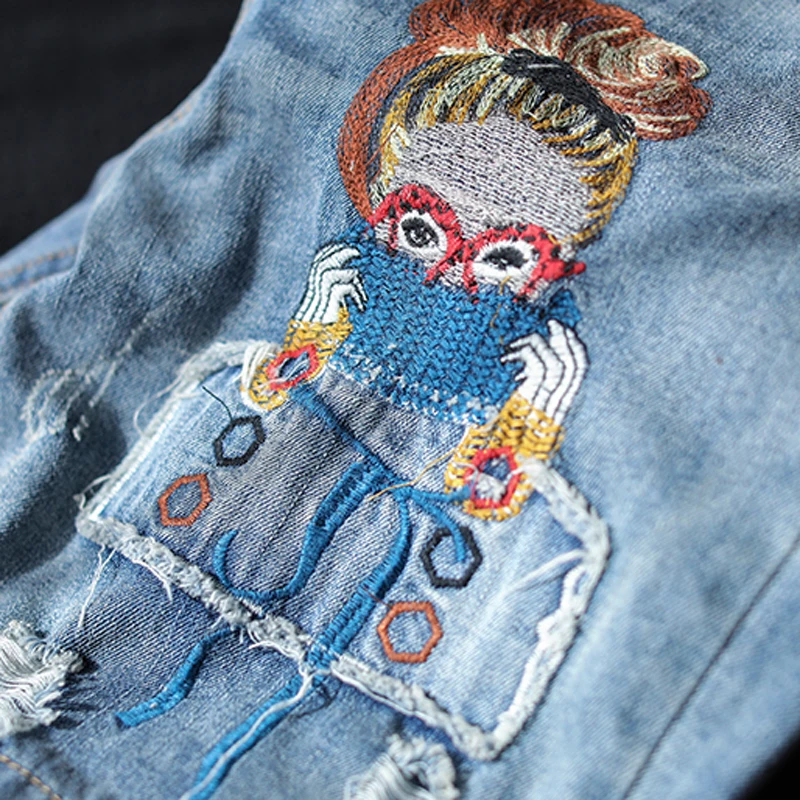 

Women Mini Jeans Short Denim Embroidery Distressed Holes Blue Loose for Summer Elastic Waist B04280933