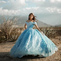 princess sky blue quinceanera dresses with lace appliques corset back ball gown floral beaded pageant women masquerade dress