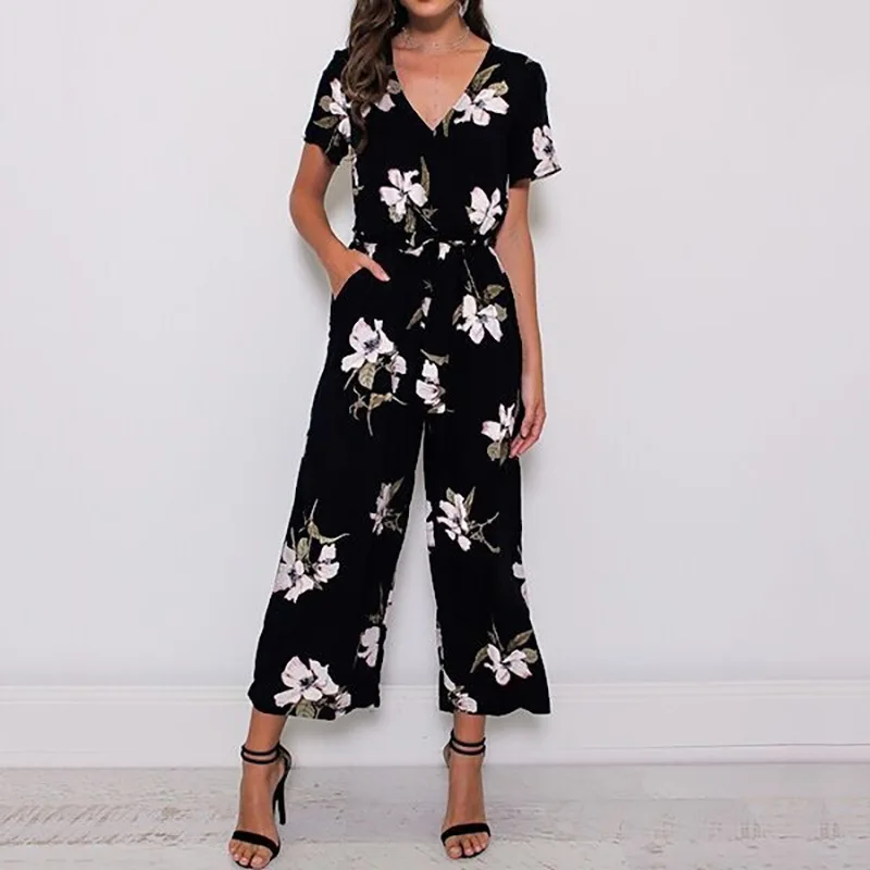 Women's Fashion V-Neck Short-Sleeved High Waist Pants Jumpsuits |