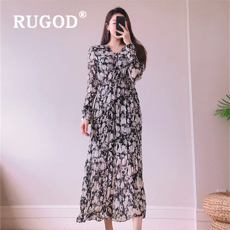 Женское платье с v образным вырезом RUGOD Цветочные Платья макси высокой талией и