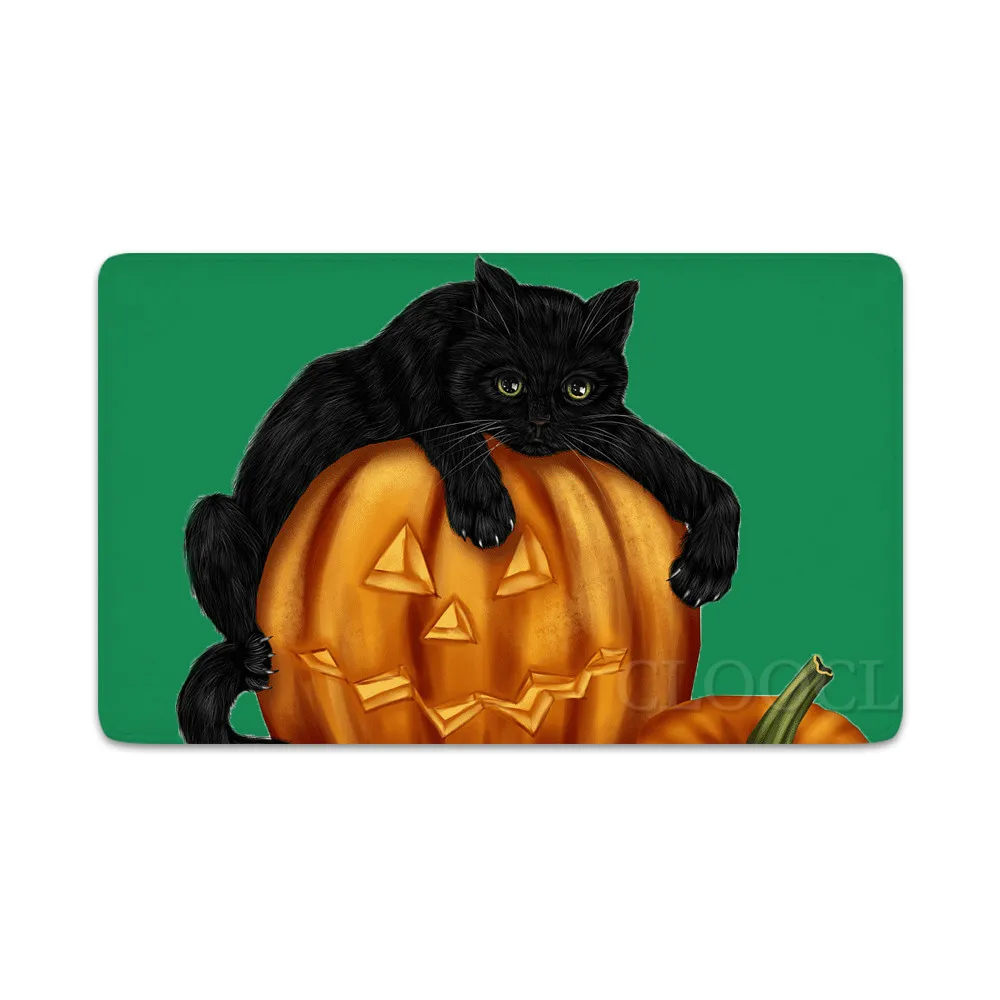 

CLOOCL Halloween Doormats Cat Lying On The Pumpkin Print Indoor Hallway Mats Fastival Party Decorate Non Slip Doormat