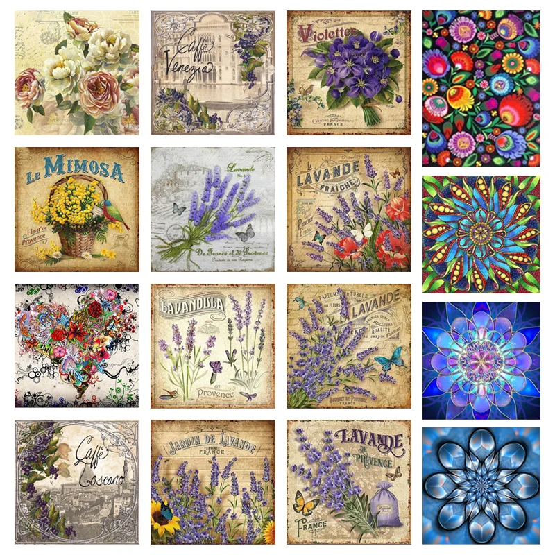 Картина с кристаллами ретро постер Лавандовый цветок и калейдоскоп узор