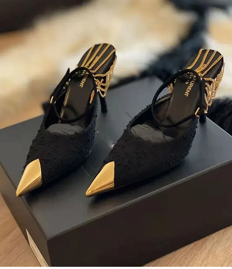 Туфли-лодочки женские с металлическими цепочками босоножки на высоком каблуке