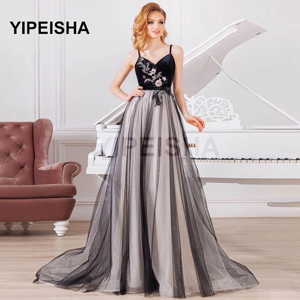 

2021 A-Line Tulle Spaghetti Strap Evening Dress Sleeveless Backless Floor Length Sweep Train Prom Party Gown robe de soirée
