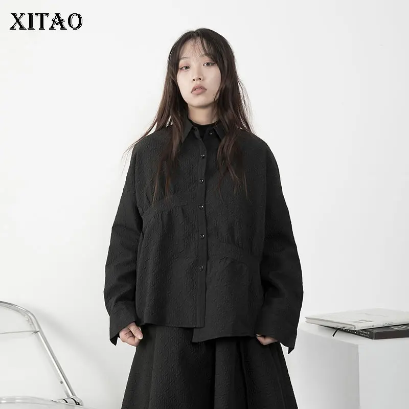 

XITAO Asymmetrical Black Shirt Loose Fashion Pleated Loose Simplicity Winter Keep Warm Women Casual Shirt 2022 New GWJ1975