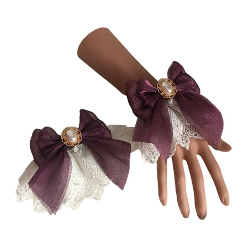 

Sweet Lolita Pearl Hand Wrist Cuffs Floral Lace Tulle Bow Bracelet Wristband X5XA