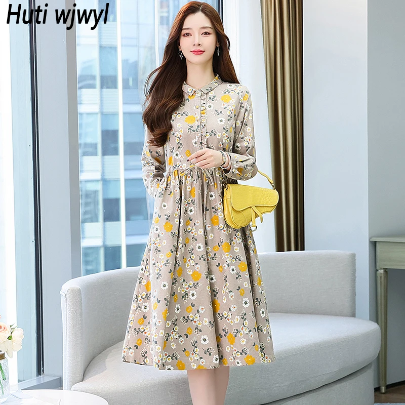 

2022 Cotton Linen Casual Midi Dress Autumn Winter Long Sleeve Vintage Shirt Dress Women Elegant Floral Bodycon Party Chic Dress