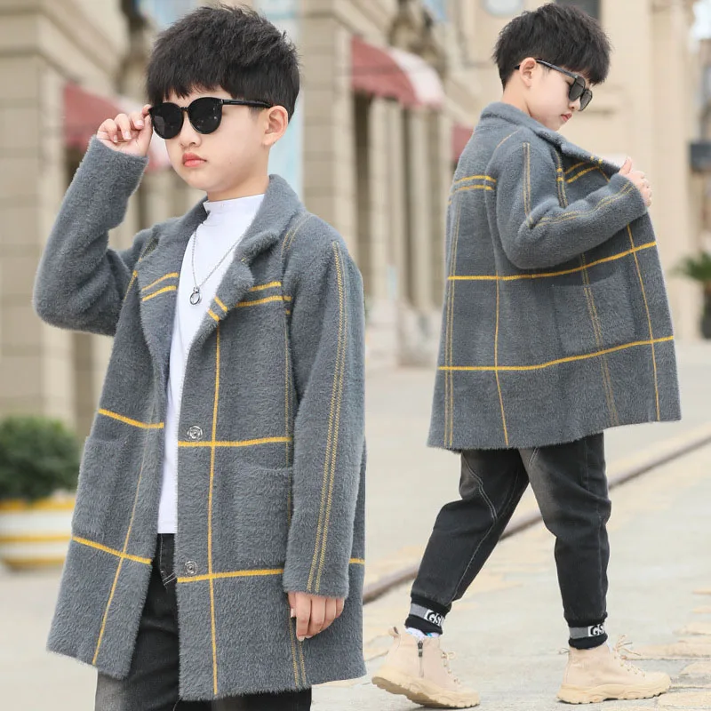 2019 г. Шерстяной плащ в клетку для мальчиков подростков новая модная одежда зимние