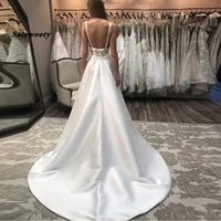 sexy deep v neck wedding dresses spaghetti straps backless elegant a line satin chapel train white ivory bridal gowns