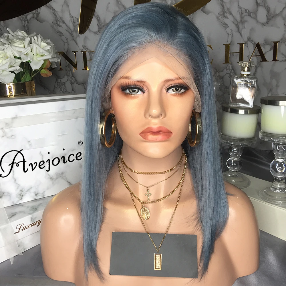 AVEJOICE моке синий цвет кружевной передний искусственный индийский короткий Боб