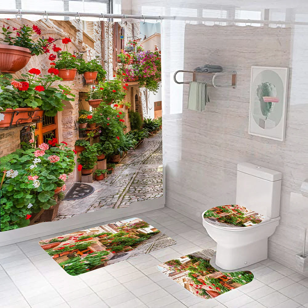 

3D Colorful Street Alley Pattern Shower Curtains Bathroom Curtain Set Non-Slip Rugs Toilet Lid Cover and Bath Mat Carpet Sets