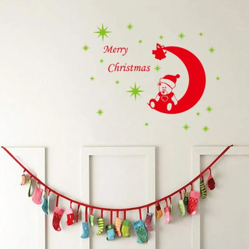 

Cartoon Bear with Stars Moon Merry Christmas Wall Stickers Kids Room Room Home Festival Mural Art Poster Decoration Vinyl Decals
