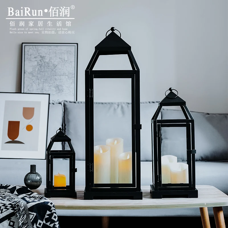 

Outdoor Windproof Candle Holder Hanging Large Glass Stand Black Iron Candle Holder Rustic Nordic Moroccan Candlestick JJ60ZT