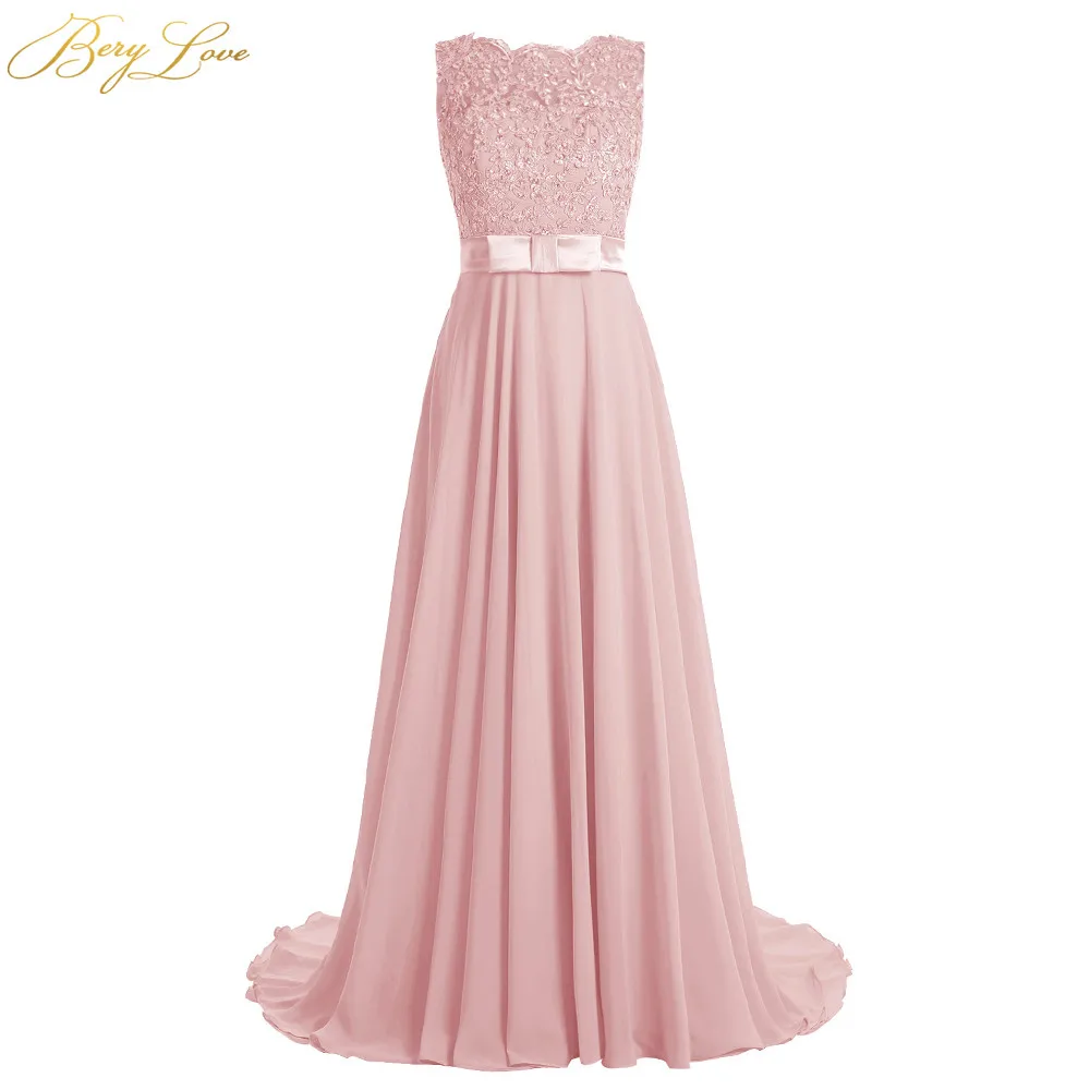 BeryLove Long Blush Evening Dress 2019 Beaded Appliques Vestid Chiffon Prom Bow Knot Belt Illusion Back Formal Party Gown | Свадьбы и