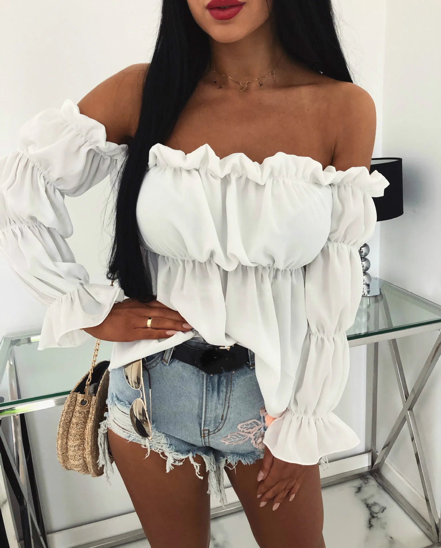 2019 пикантные Женские топы и блузки одноцветные с открытыми плечами длинным