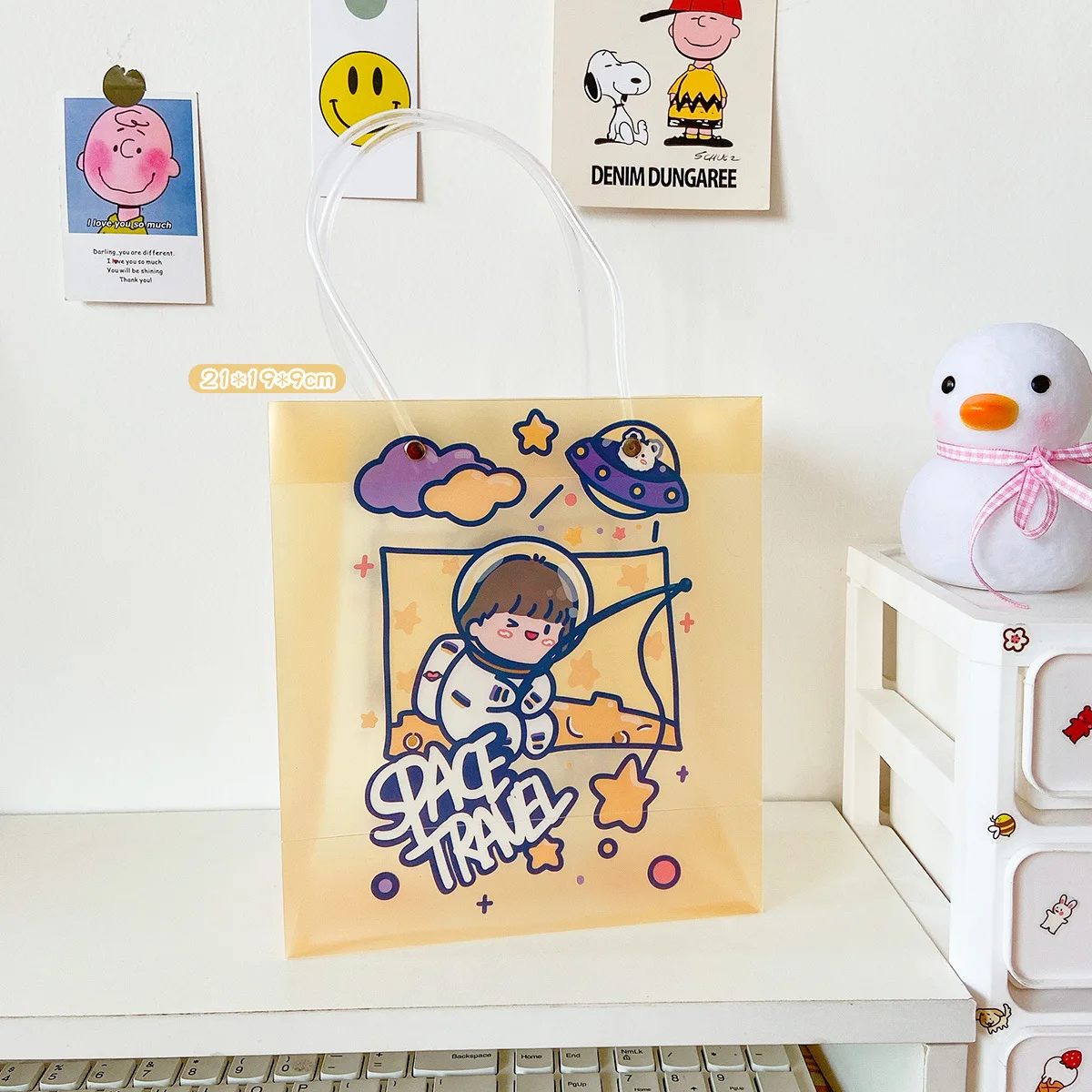 

W&Gins Cartoon Transparent Gift Bag Cute Spaceman Student Portable PVC Waterproof Shopping Storage Bag