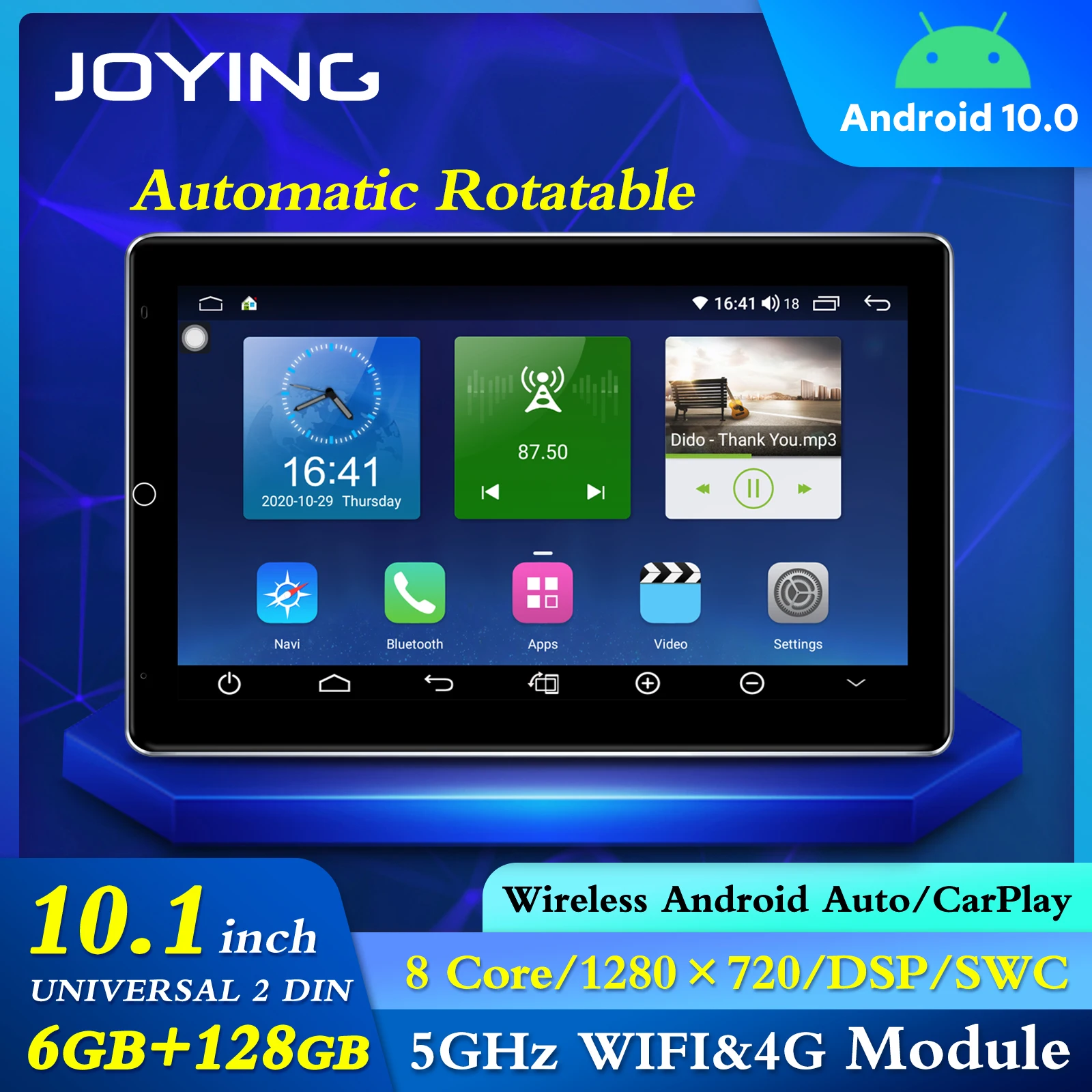 

Автомобильное радио Joying с вращающимся экраном 10,1 дюйма, 2din, Android 10,0, 6 ГБ, 128 ГБ, DVD, автомобильное радио, GPS-навигация, 4G CarPlay