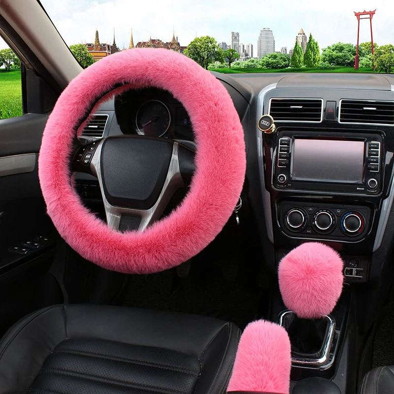 

Imitated Rabbit Fur Car Steering Wheel Cover Handbrake Gear Shift Braid Winter Plush Steering Wheel Cover Warm Car Accessories