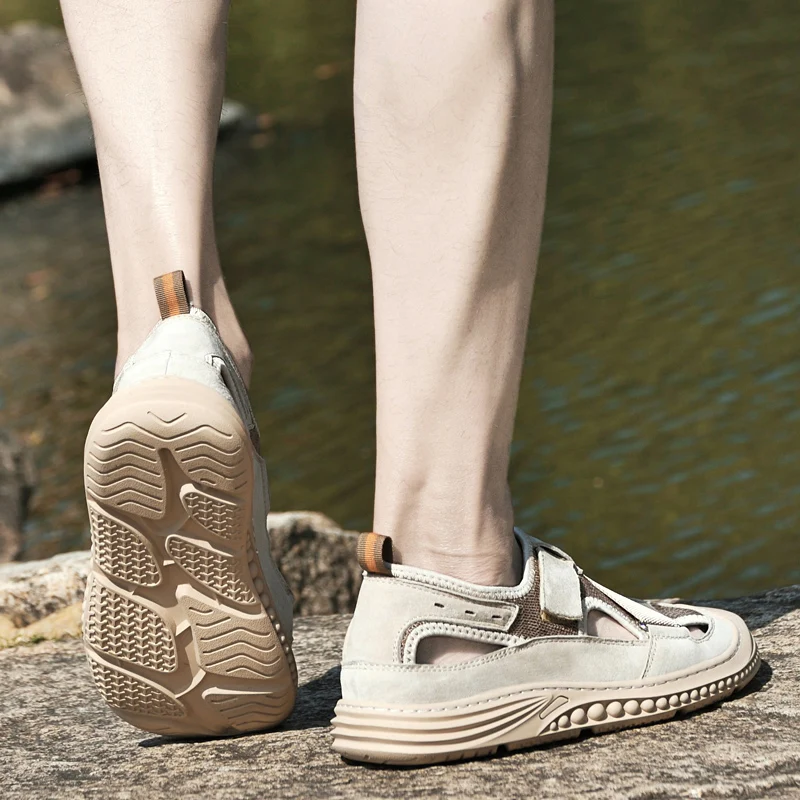 

men Shoes Fashion Men Sandals outdoor Summer Men Beach Casual Shoes mehs + cow leather Flip Flop Waterproof Sneakers men