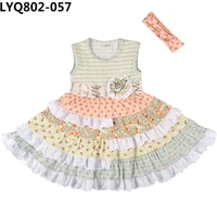 fashionable pure cotton baby girl dress sleeveless apricot striped cake dress with flower decoration casual clothes