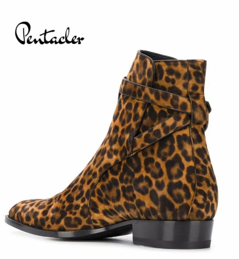 

Leopard real Fur Handmade genuine leather jurdpur men wyatt Boots buckle strap wedge booties