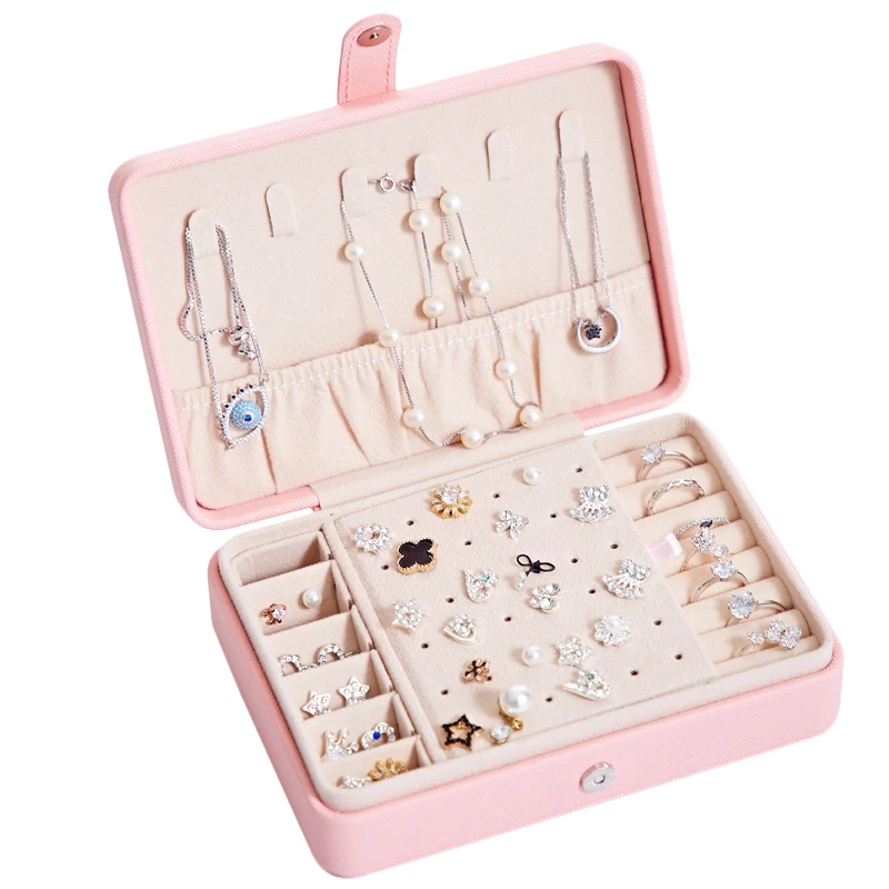

PU Jewelry Box Magnetic Buck Bracelet Earrings Necklace Rings Jewellery Storage Case Casket Cabinet Portable Pink