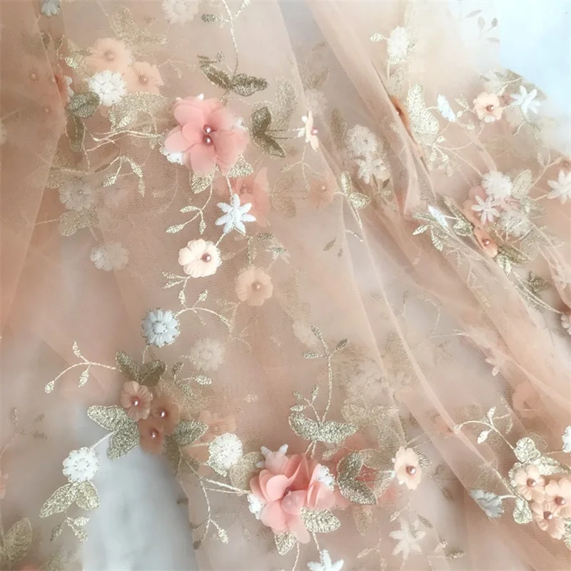

1yard/ lot 125cm width 3D patches embroidered&pearls lace Fabric for wedding dress decoration high quality
