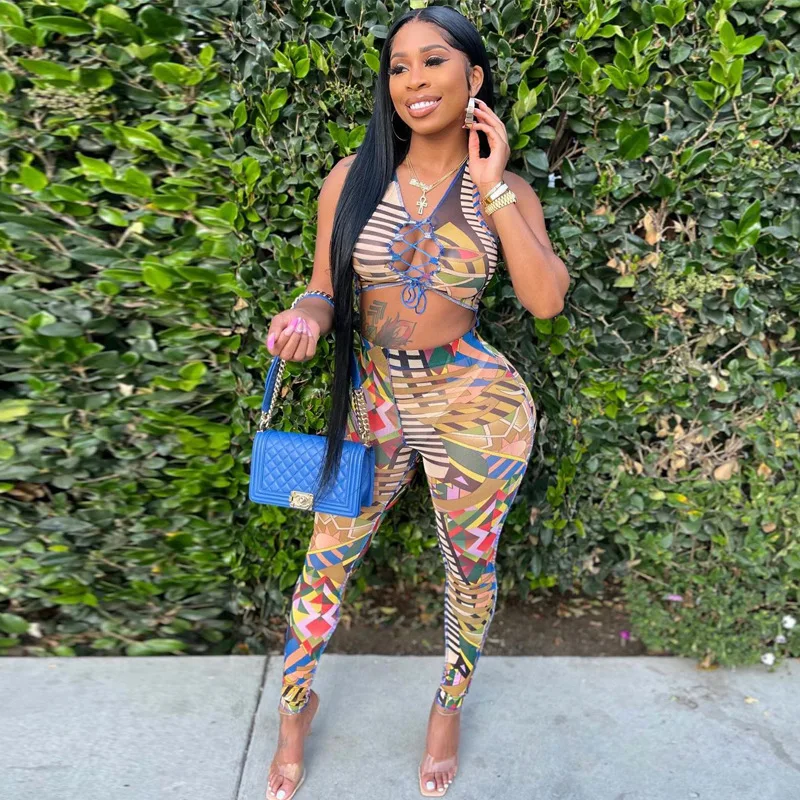 

2021 Sleeveless Sexy Tank Crop Top Asymmetric Bandage Pants 2 Pieces Set Summer Women Streetwear Club Party Outfits Y2K AG31630