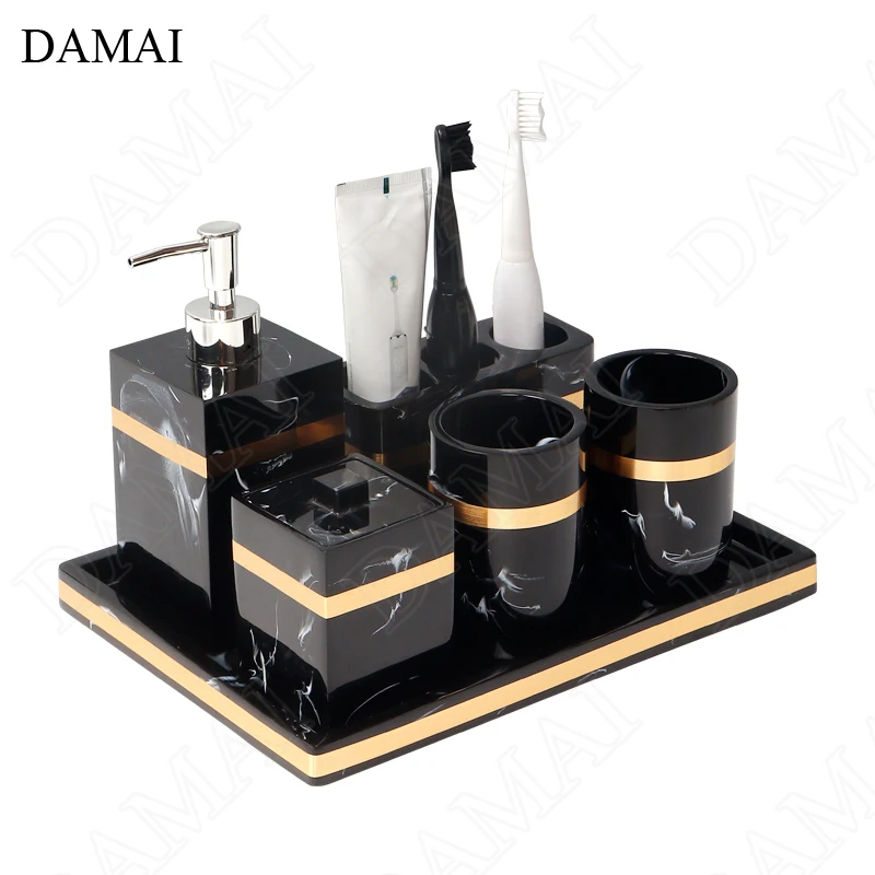 european resin bathroom set five piece set home shower accessories creativity marble texture golden stroke toiletries organizer free global shipping