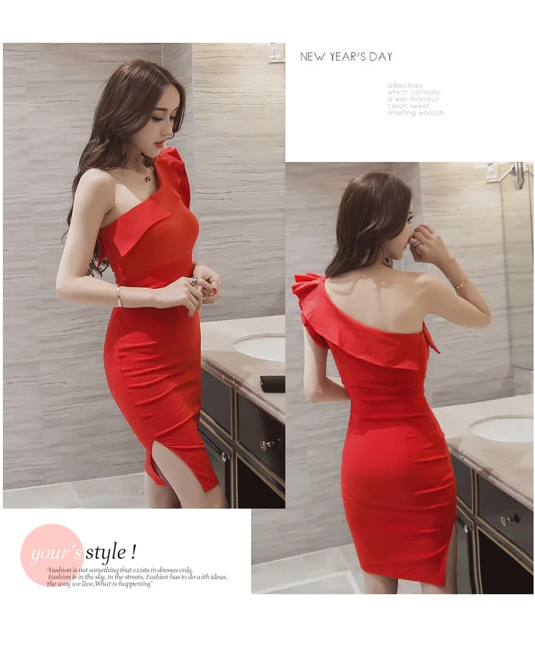 Ladies Sleevelss Sheath Ruffle Wrap Black Mini Dress Women Sexy Dinner Dresses for Women Red One-Shoulder Evening Party Dress