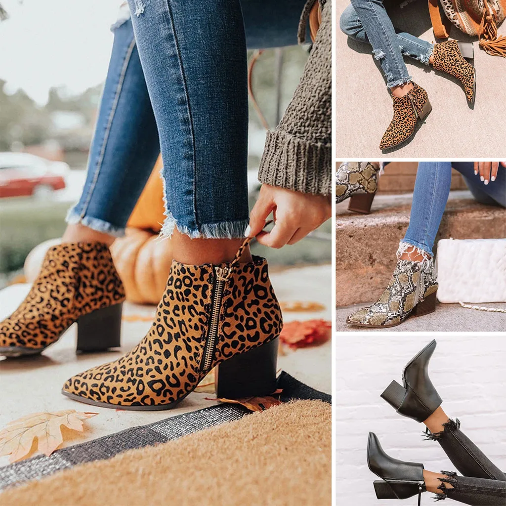 Женские ботильоны на молнии сапоги из змеиной кожи Леопардовые винтажные