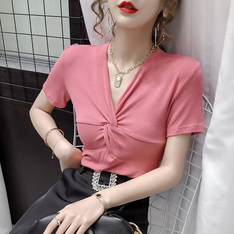 

Real shot summer Korean V-neck lace-up niche sweet bubble sleeve shirt women's French short-sleeved shirt
