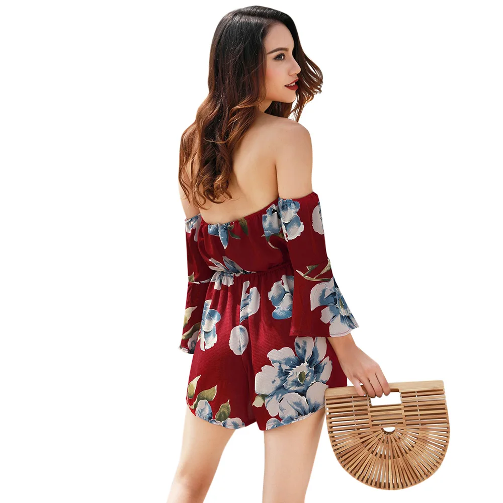 New Women Romper Sexy Fashion Floral Print Bell Sleeve Jumpsuit Summer Beach Off Shoulder Body Suit Casual Large Size Playsuits | Женская