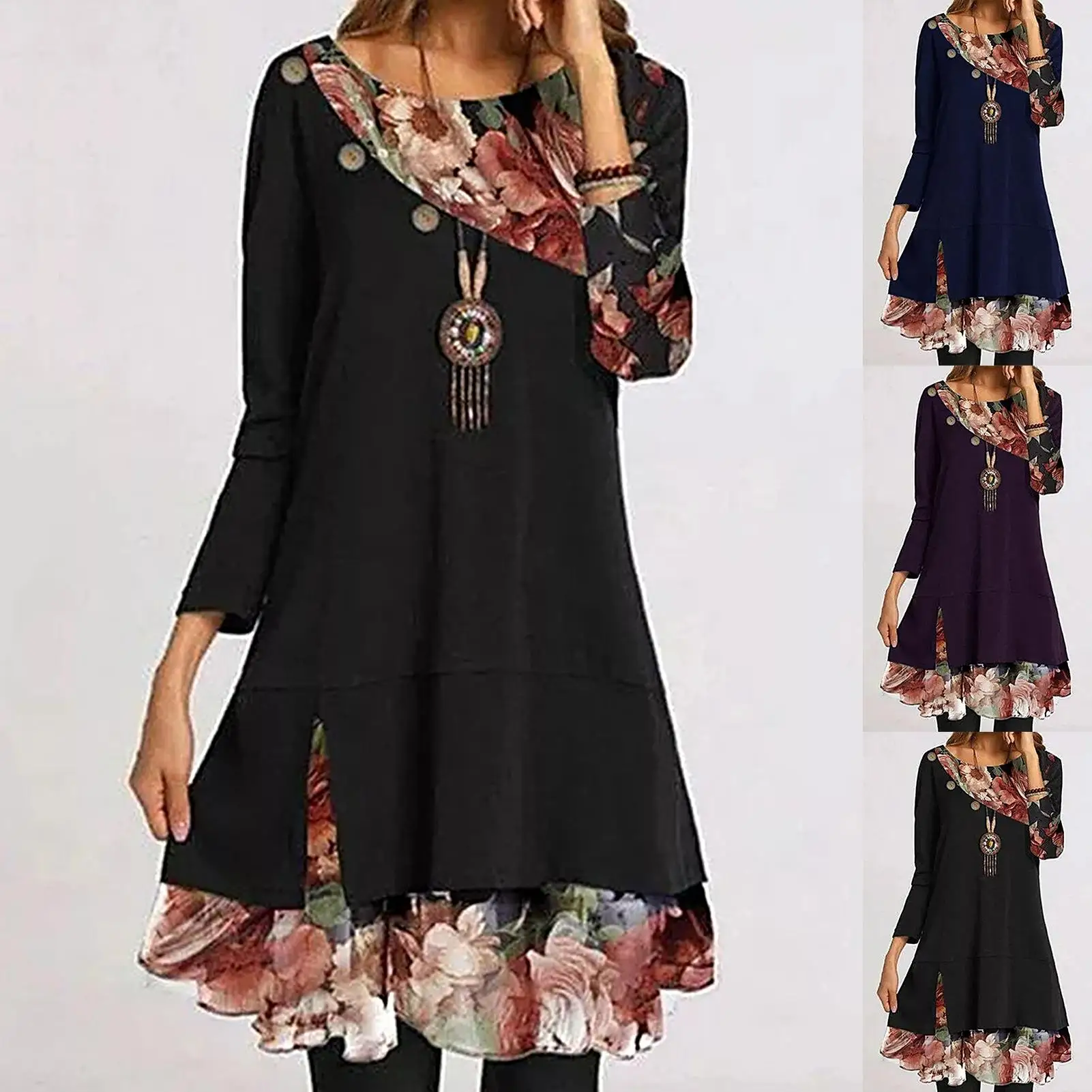 

Women Vintage O Neck Long Sleeve Floral Print Patchwork Irregular Mini Dress