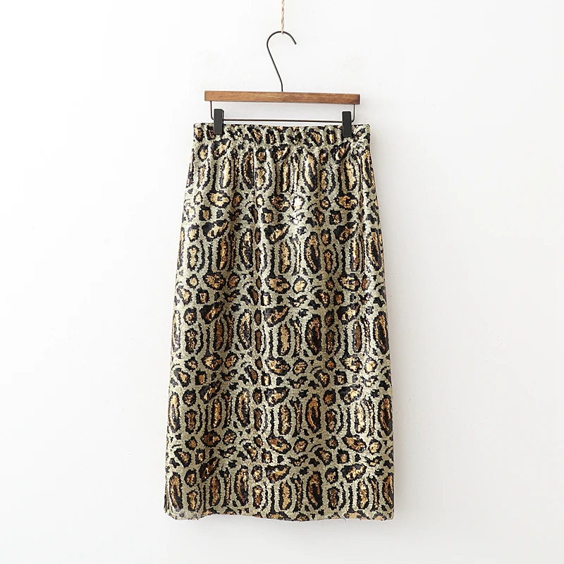 za 2019 fashion skirt women gold sequin leopard long straight elastic high waist elegant sexy party wear vestidos | Женская одежда