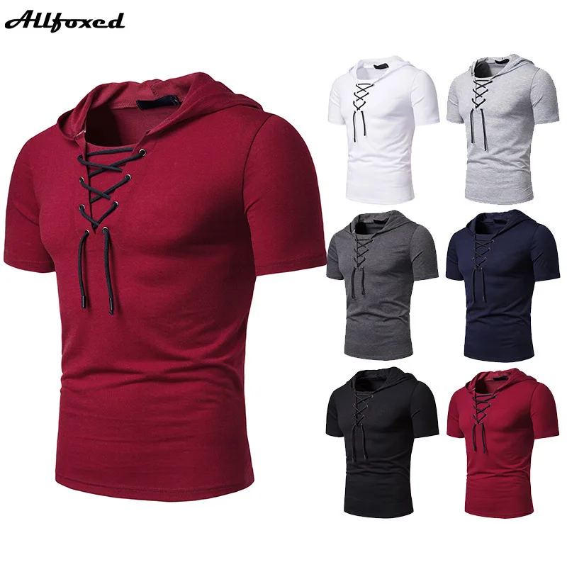 

Men's Casual Lace-up Hooded T-shirt with Hat Loose Tether Top Shirt Summer Personality Short Sleeve Tees Slim Fit Sportwear