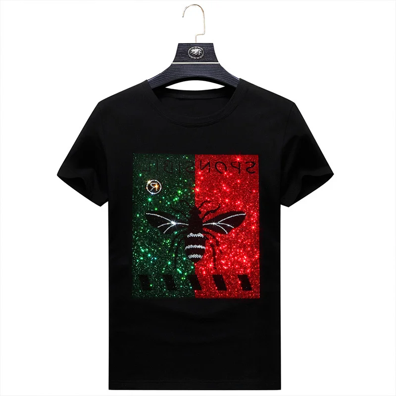 

Plus Size 7XL 2021 Bee Rhinestones T Shirts Men Brand Short Sleeve Fashion Man Streetwear O Neck Slim Modal Cotton Tshirts