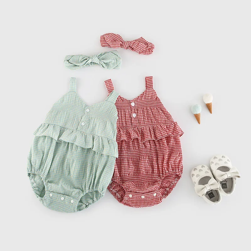 

Baby Onesies 2021 Summer New Girl Plaid Sling Children's Triangle Romper Comfortable and Breathable Kids Clothes XB71